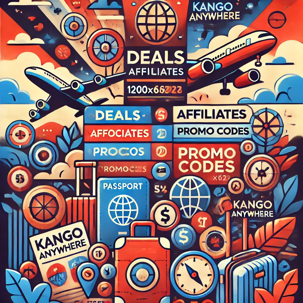 Feature image for Kango Anywhere's Deals, Affiliates, and Promo Codes page, showcasing travel icons, discounts, and savings with deep red and rich blue accents, symbolizing adventure and freedom.